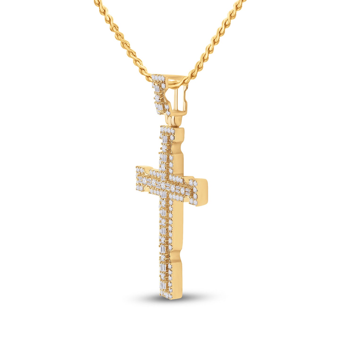 14kt Yellow Gold Mens Baguette Diamond Cross Charm Pendant 1-3/8 Cttw