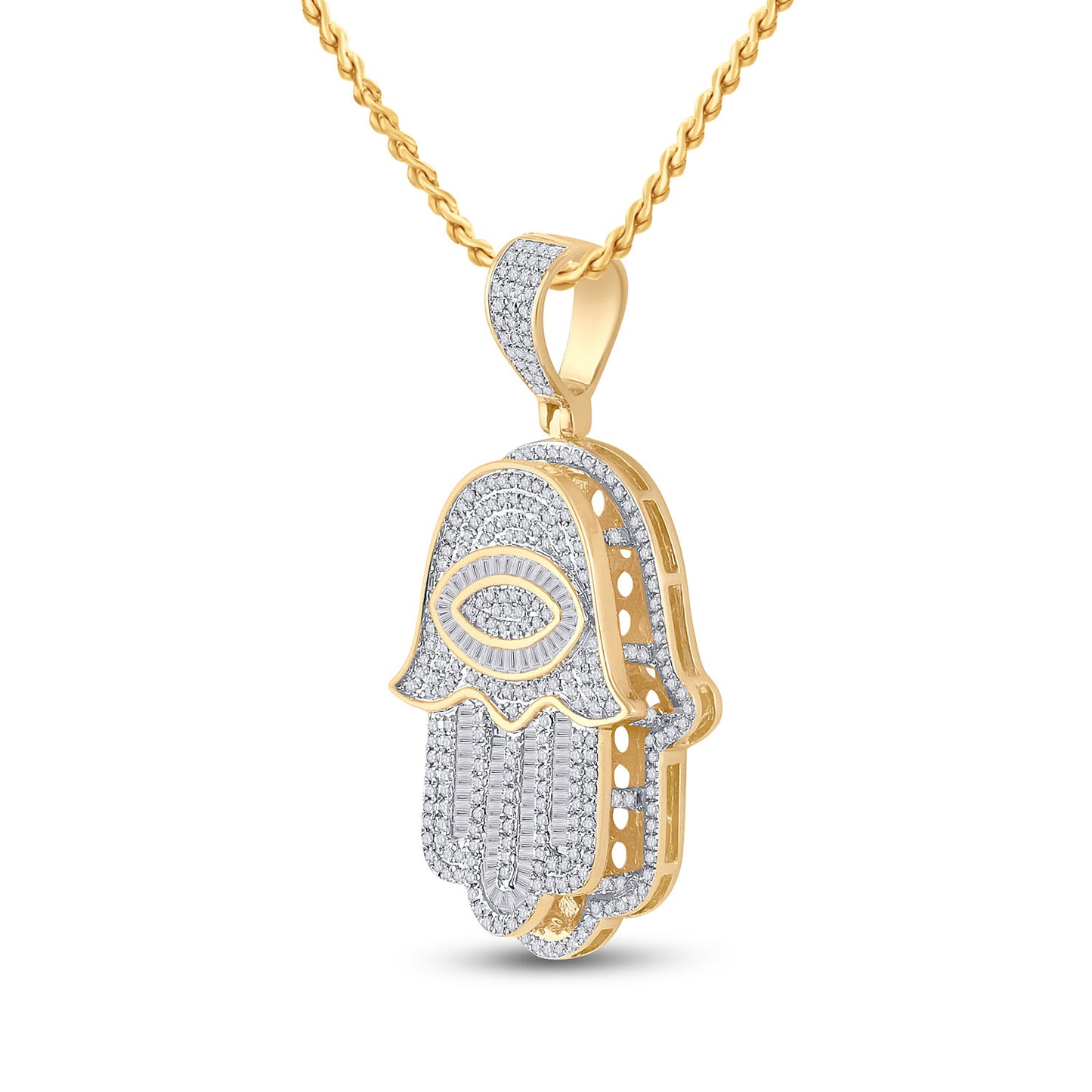 14kt Yellow Gold Mens Baguette Diamond Eye Fatima Hamsa Charm Pendant 1-1/2 Cttw