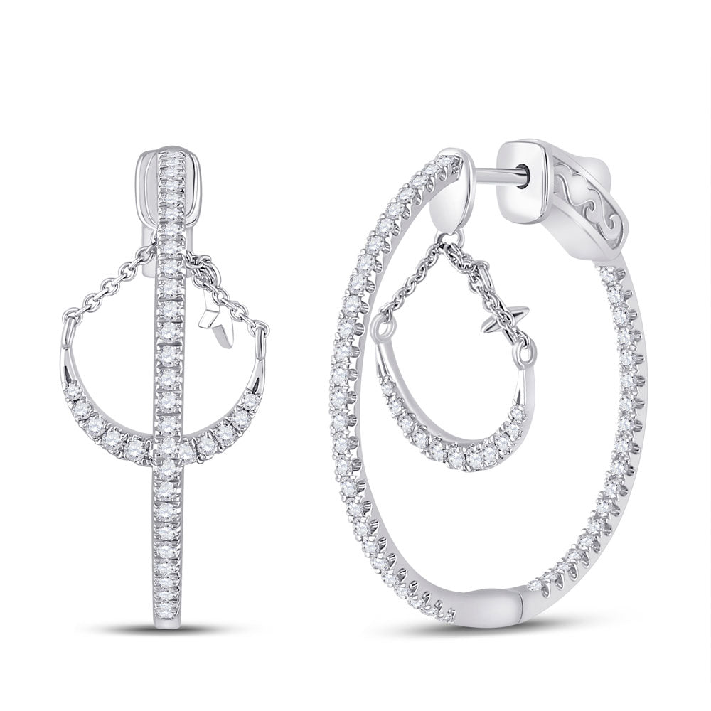 14kt White Gold Womens Round Diamond Dangle Hoop Earrings 1 Cttw