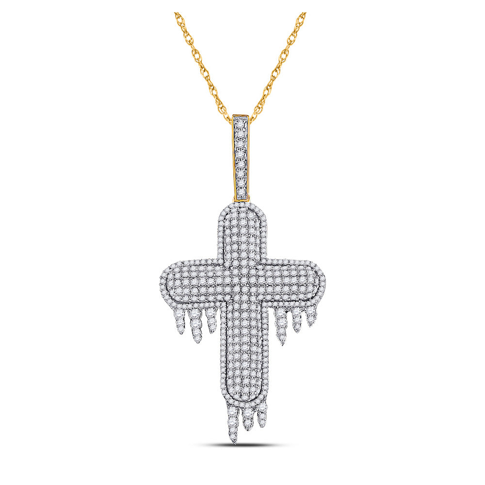 10kt Yellow Gold Mens Round Diamond Dripping Cross Charm Pendant 2 Cttw