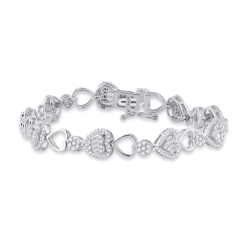 14kt White Gold Womens Baguette Diamond Heart Link Bracelet 1-3/4 Cttw