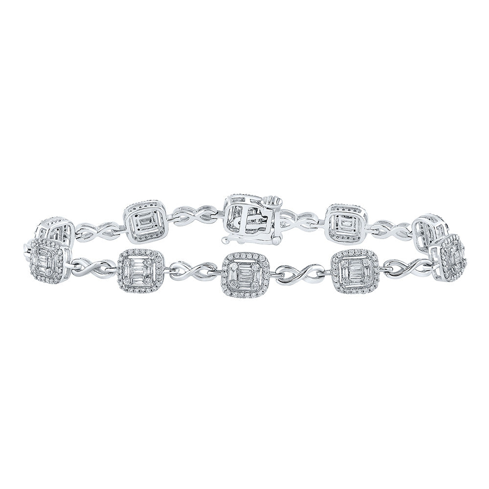 14kt White Gold Womens Baguette Diamond Square Link Bracelet 1-3/4 Cttw