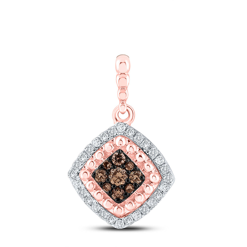 10kt Rose Gold Womens Round Brown Diamond Offset Square Pendant 1/4 Cttw