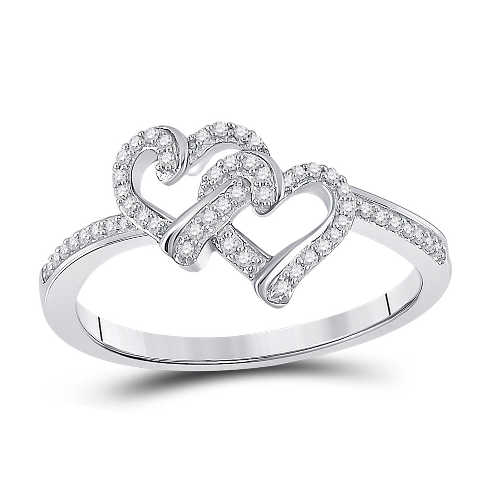 10kt White Gold Womens Round Diamond Double Heart Ring 1/8 Cttw