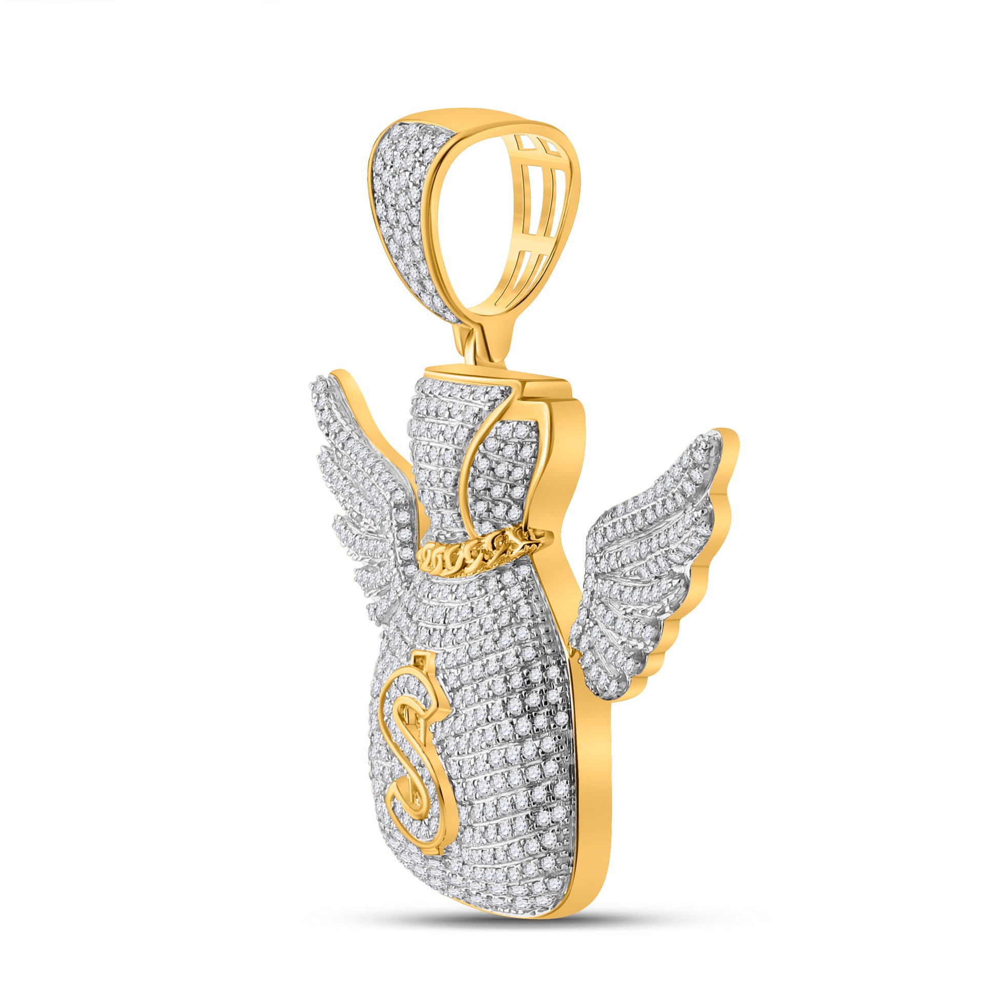 10kt Yellow Gold Mens Round Diamond Money Bag Wings Charm Pendant 1-1/2 Cttw