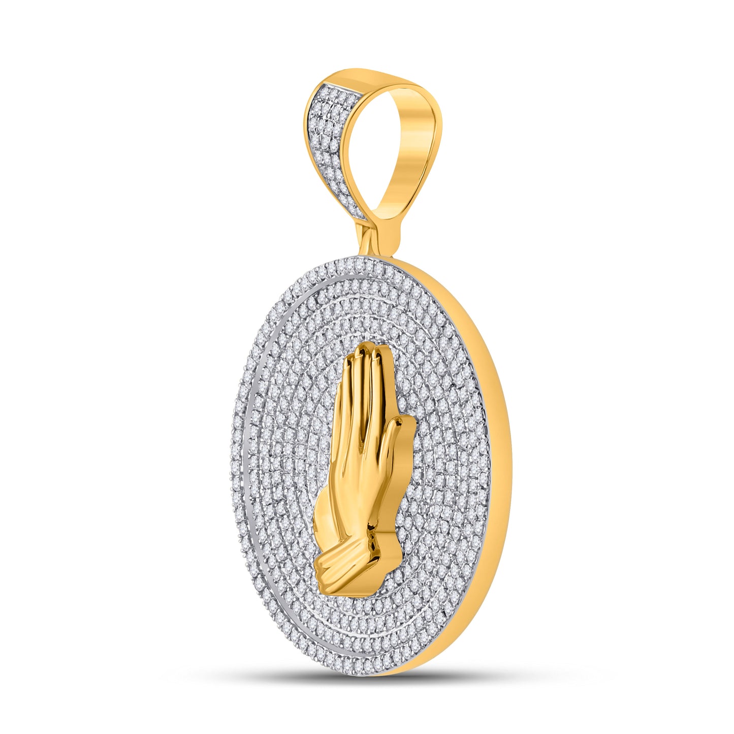 10kt Yellow Gold Mens Round Diamond Praying Hands Circle Charm Pendant 1 Cttw