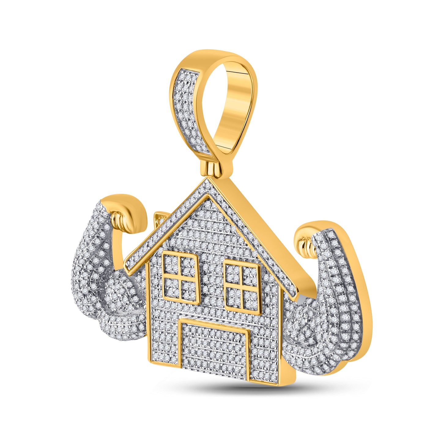 10kt Yellow Gold Mens Round Diamond Flex Trap House Charm Pendant 1-1/2 Cttw