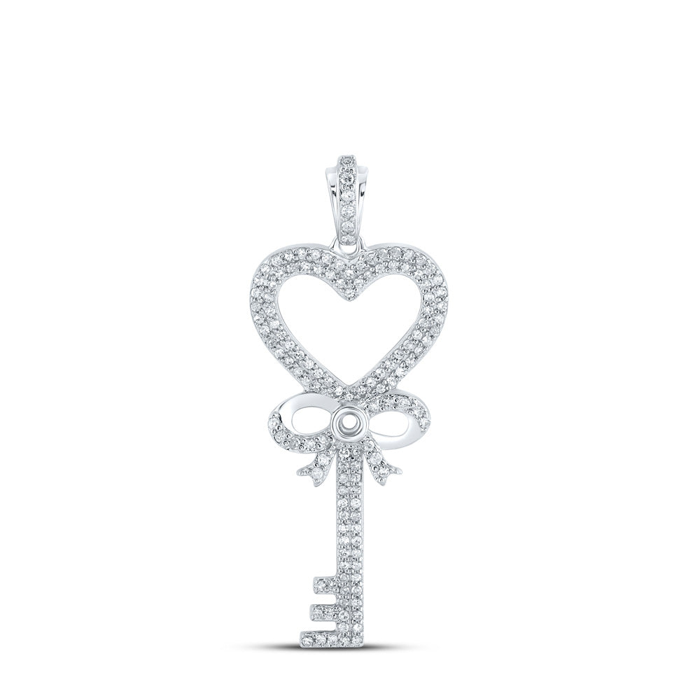 10kt White Gold Womens Round Diamond Heart Key Pendant 1/2 Cttw