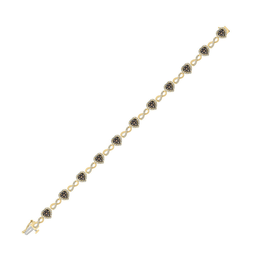 10kt Yellow Gold Womens Round Brown Diamond Heart Bracelet 1-7/8 Cttw