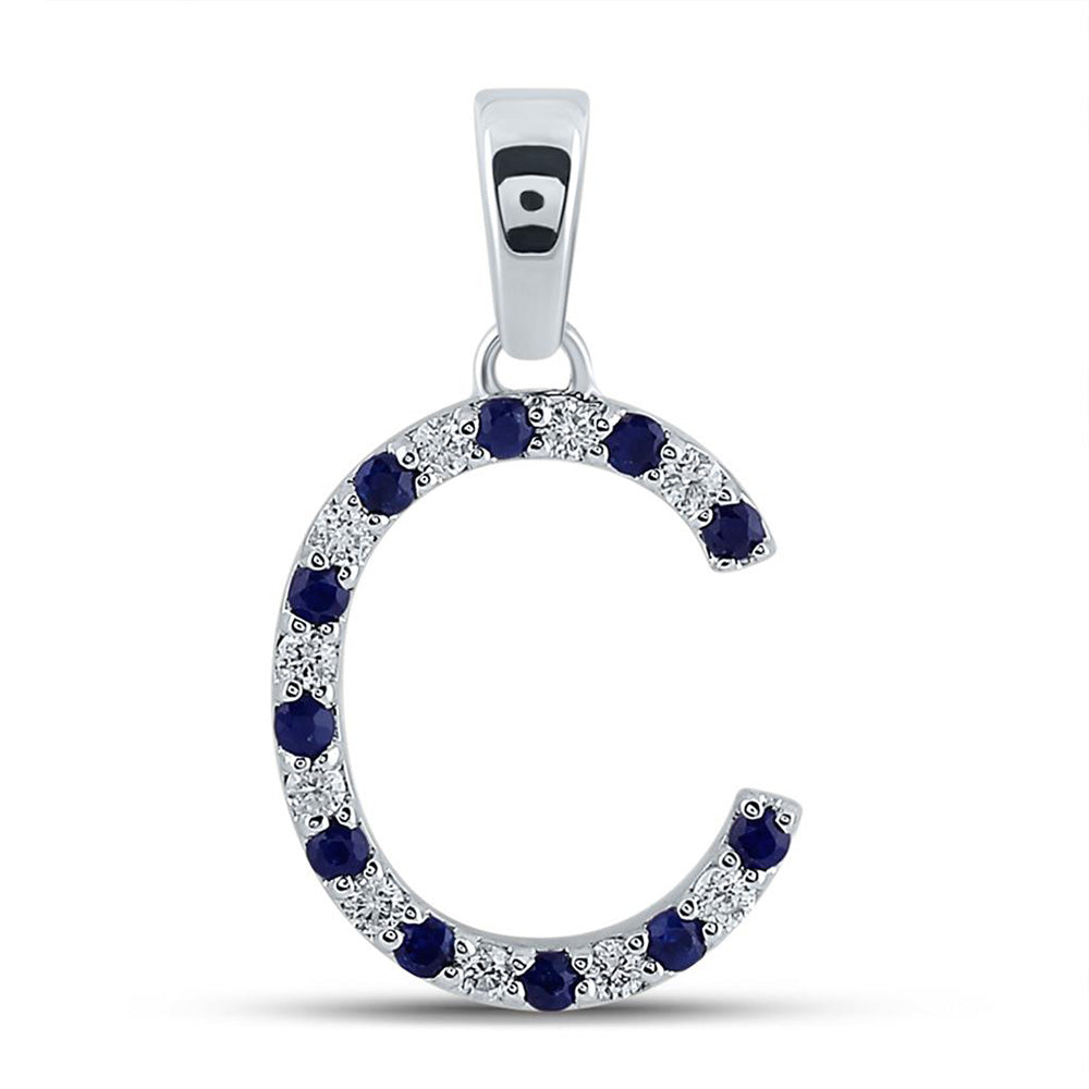 10kt White Gold Womens Round Blue Sapphire Diamond C Letter Pendant 1/5 Cttw