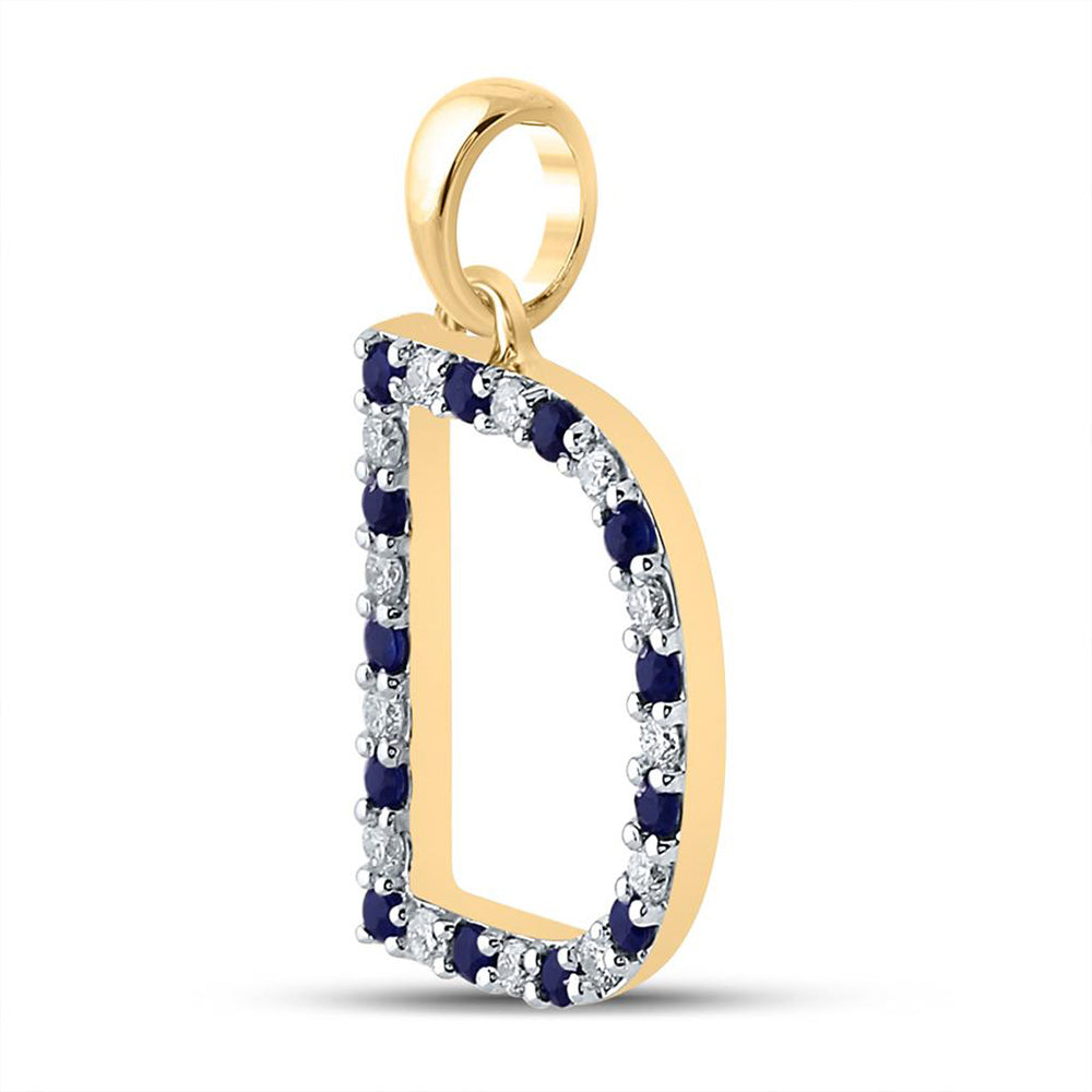 10kt Yellow Gold Womens Round Blue Sapphire Diamond D Letter Pendant 1/4 Cttw