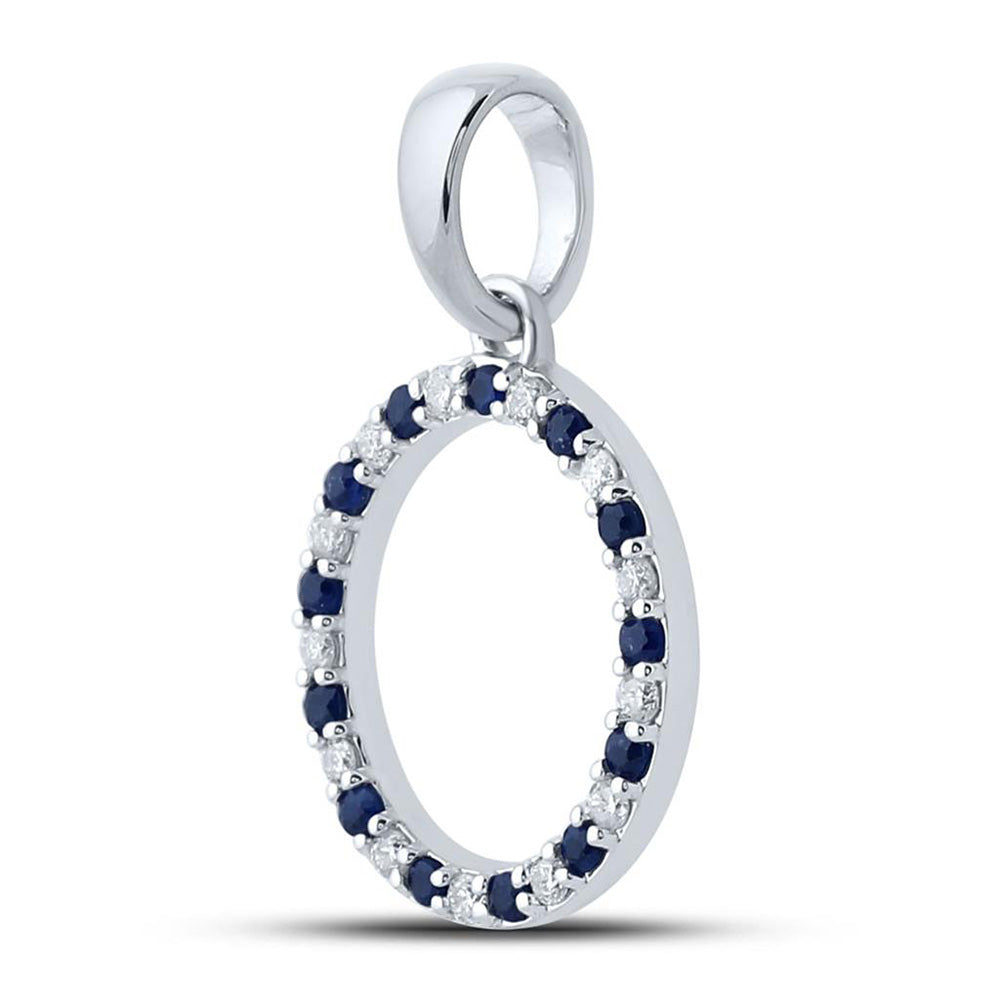 10kt White Gold Womens Round Blue Sapphire Diamond O Letter Pendant 1/4 Cttw