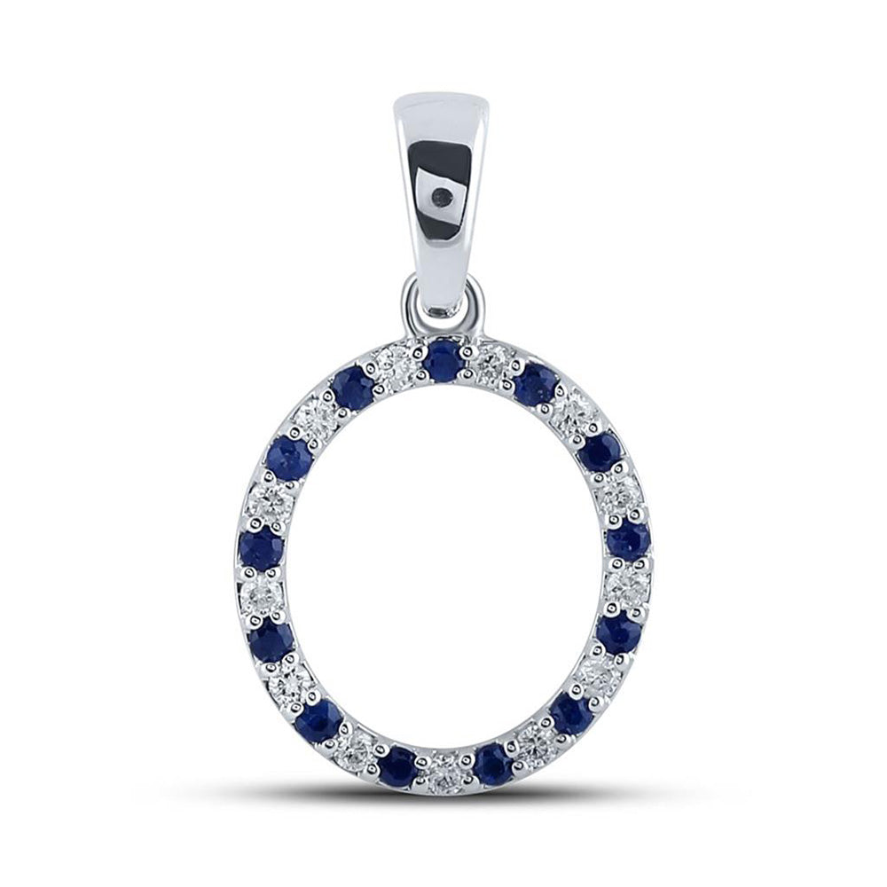 10kt White Gold Womens Round Blue Sapphire Diamond O Letter Pendant 1/4 Cttw