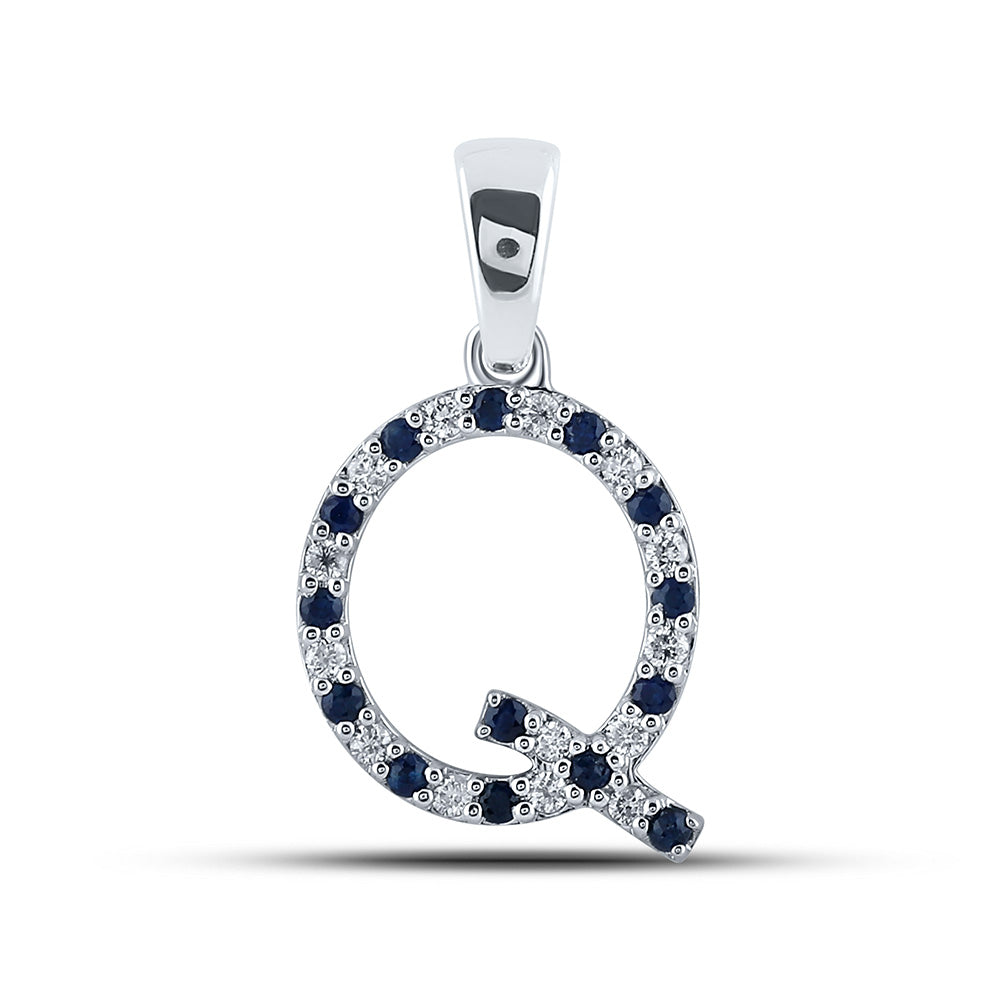 10kt White Gold Womens Round Blue Sapphire Diamond Q Letter Pendant 1/4 Cttw