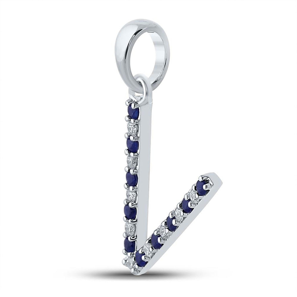 10kt White Gold Womens Round Blue Sapphire Diamond V Letter Pendant 1/6 Cttw