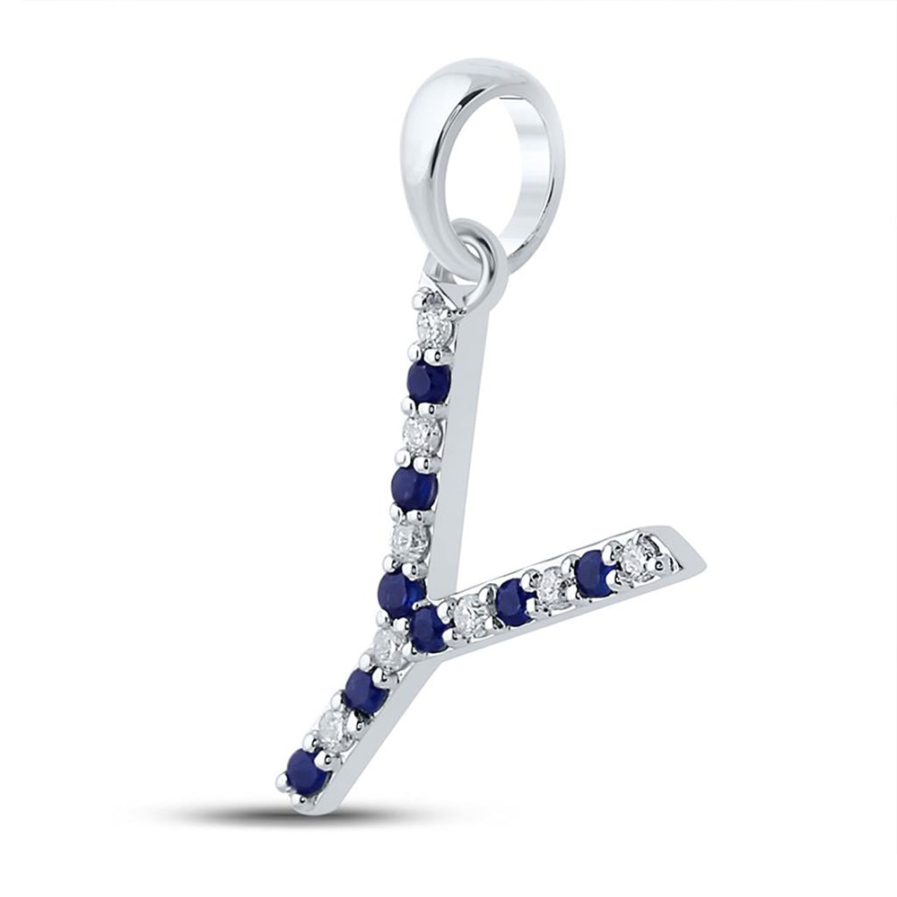 10kt White Gold Womens Round Blue Sapphire Diamond Y Letter Pendant 1/6 Cttw