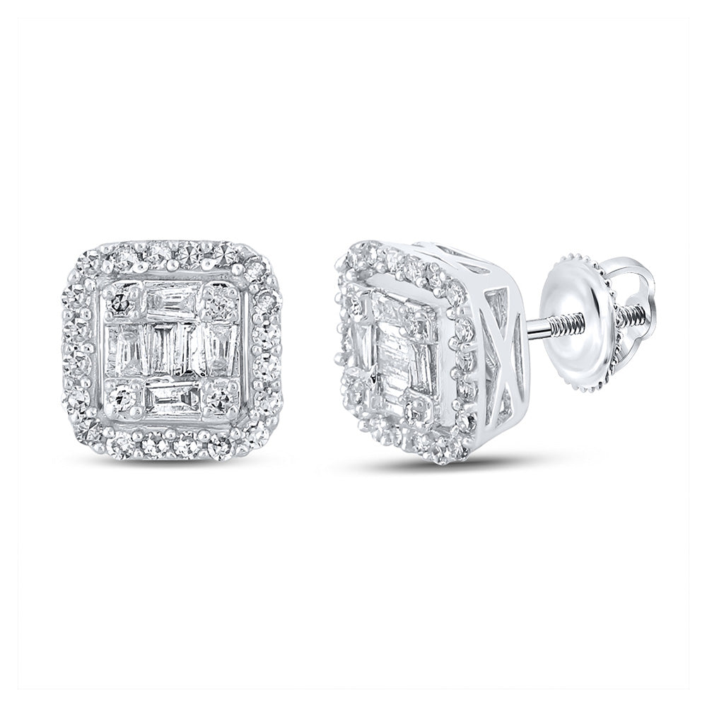 10kt White Gold Mens Baguette Diamond Square Earrings 1/2 Cttw