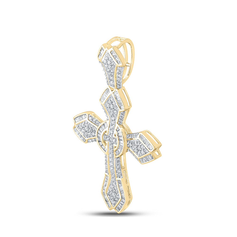 10kt Yellow Gold Mens Baguette Diamond Cross Charm Pendant 1-5/8 Cttw