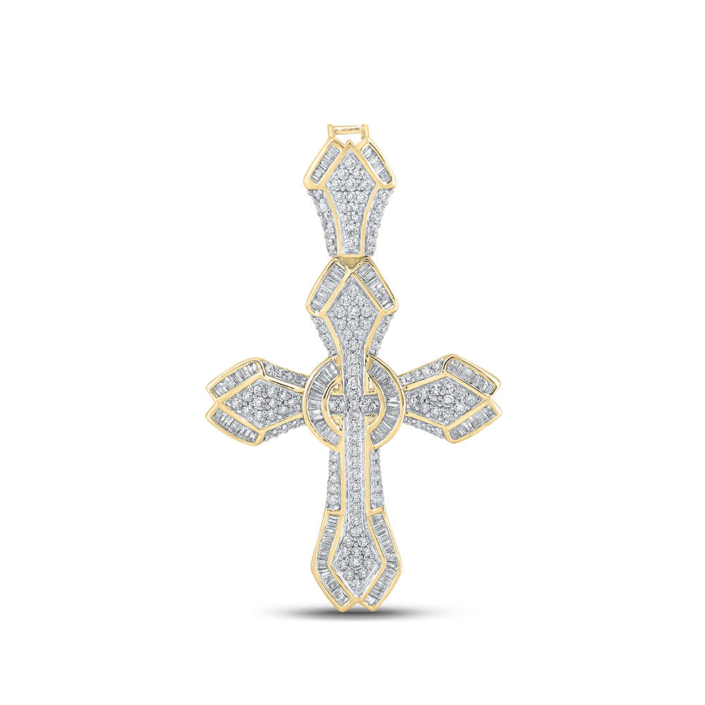 10kt Yellow Gold Mens Baguette Diamond Cross Charm Pendant 1-5/8 Cttw