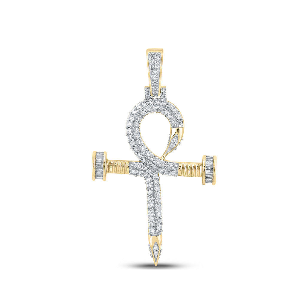 10kt Yellow Gold Mens Baguette Diamond Ankh Nail Cross Charm Pendant 1 Cttw