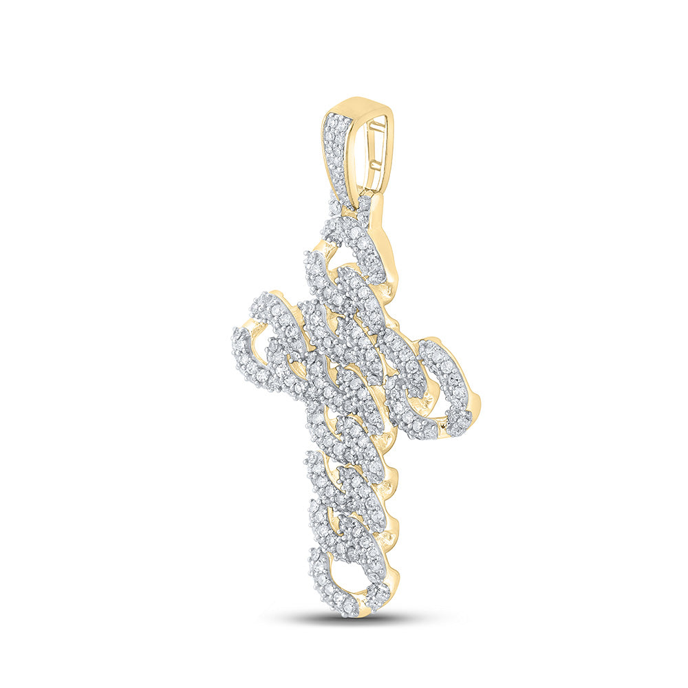 10kt Yellow Gold Mens Round Diamond Cuban Link Cross Charm Pendant 1-7/8 Cttw