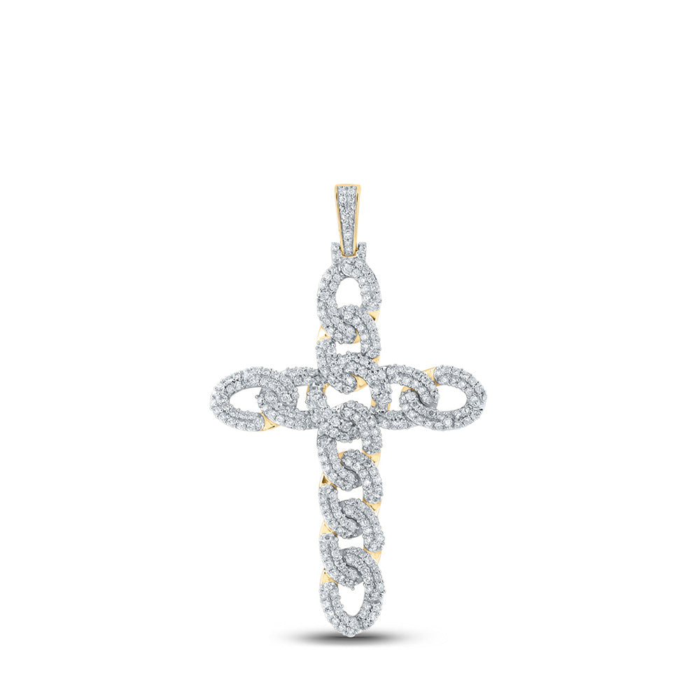 10kt Yellow Gold Mens Round Diamond Cuban Link Cross Charm Pendant 3 Cttw