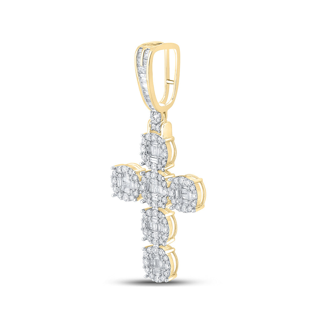 10kt Yellow Gold Mens Baguette Diamond Cross Charm Pendant 1-3/4 Cttw