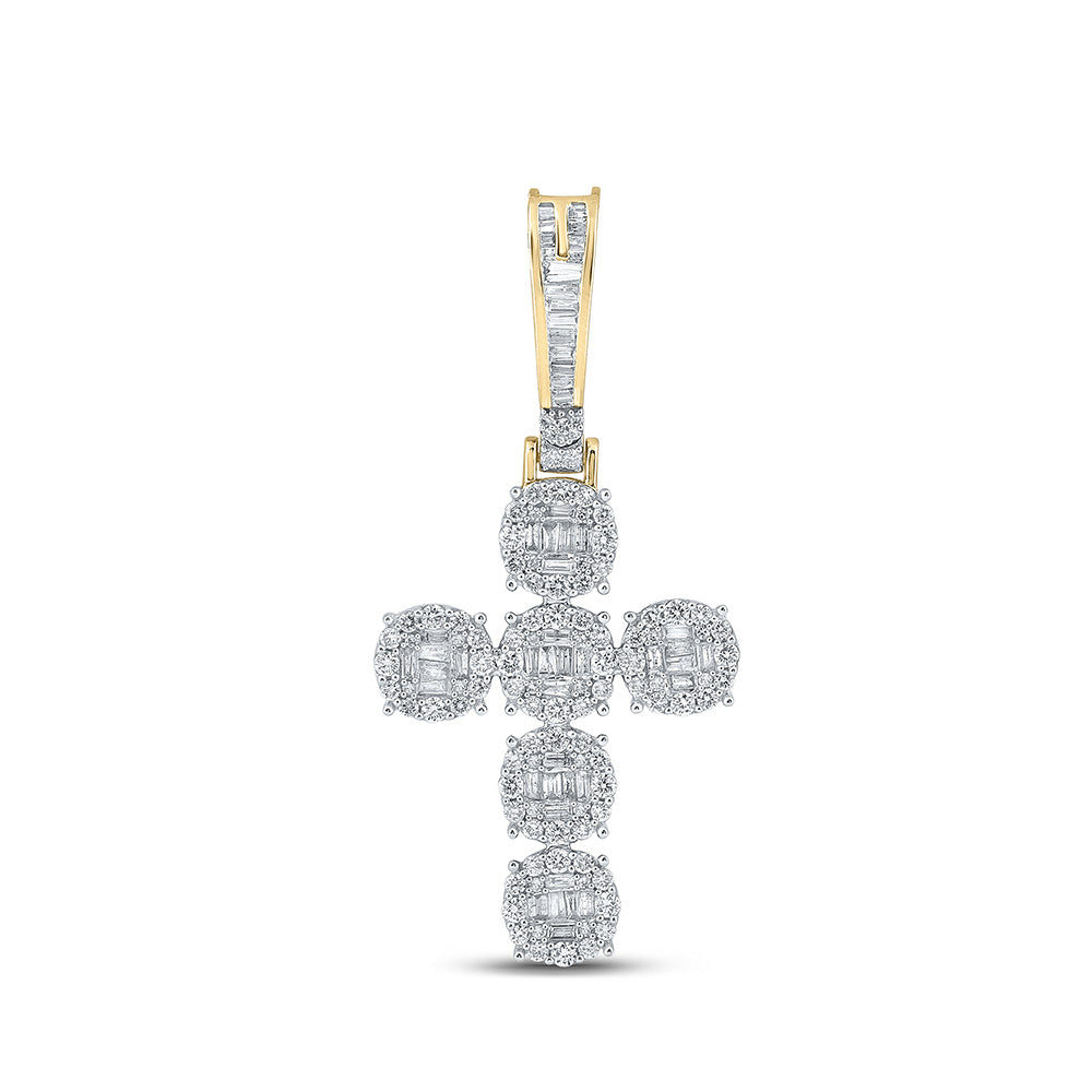 10kt Yellow Gold Mens Baguette Diamond Cross Charm Pendant 1-3/4 Cttw