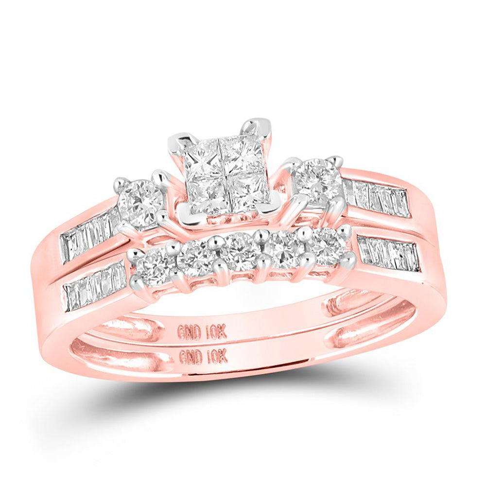 10kt Rose Gold Princess Diamond Square Bridal Wedding Ring Band Set 3/8 Cttw