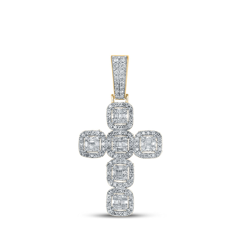 10kt Yellow Gold Mens Baguette Diamond Cross Charm Pendant 1-1/3 Cttw