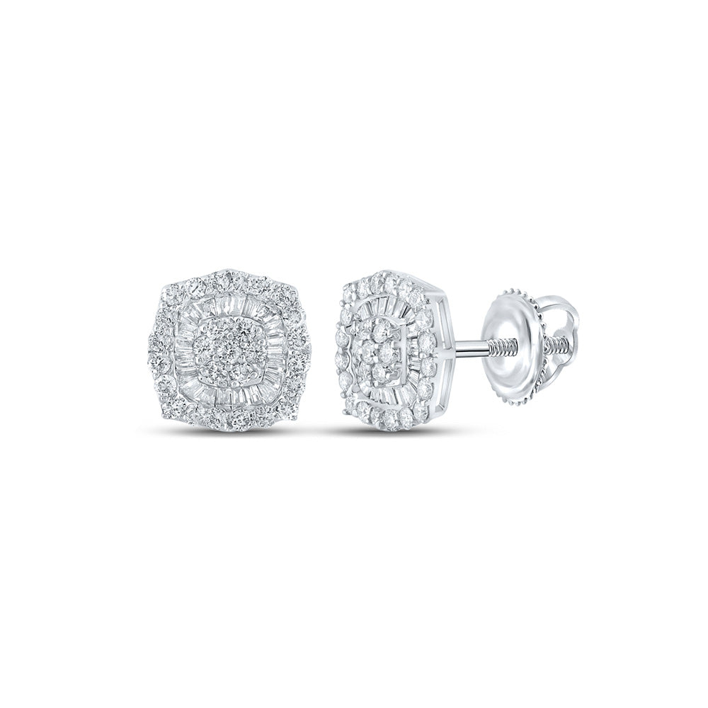 10kt White Gold Mens Baguette Diamond Square Earrings 3/4 Cttw