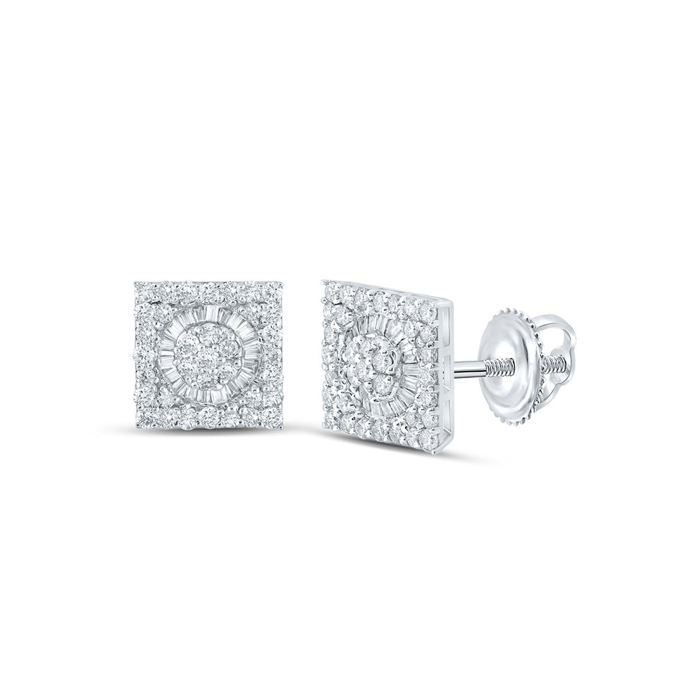 10kt White Gold Mens Baguette Diamond Square Earrings 7/8 Cttw