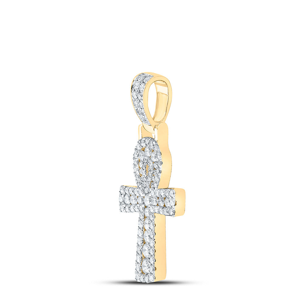 10kt Yellow Gold Mens Round Diamond Ankh Cross Charm Pendant 1-3/4 Cttw