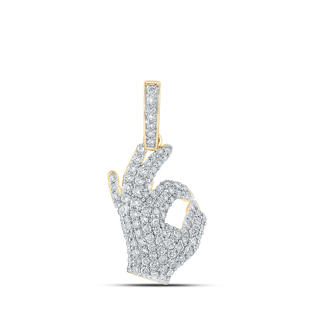 10kt Yellow Gold Mens Round Diamond OK Hand Gesture Charm Pendant 1-3/4 Cttw