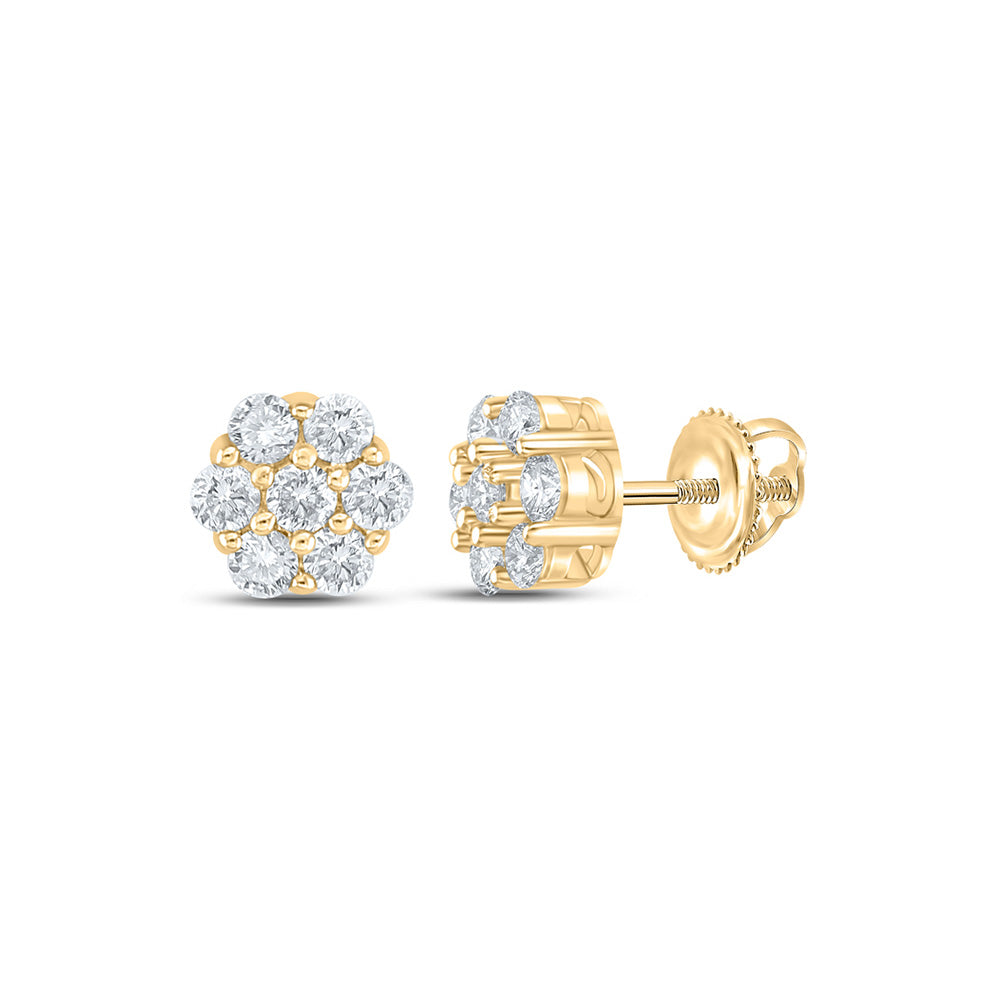 10kt Yellow Gold Mens Round Diamond Flower Cluster Earrings 1/3 Cttw