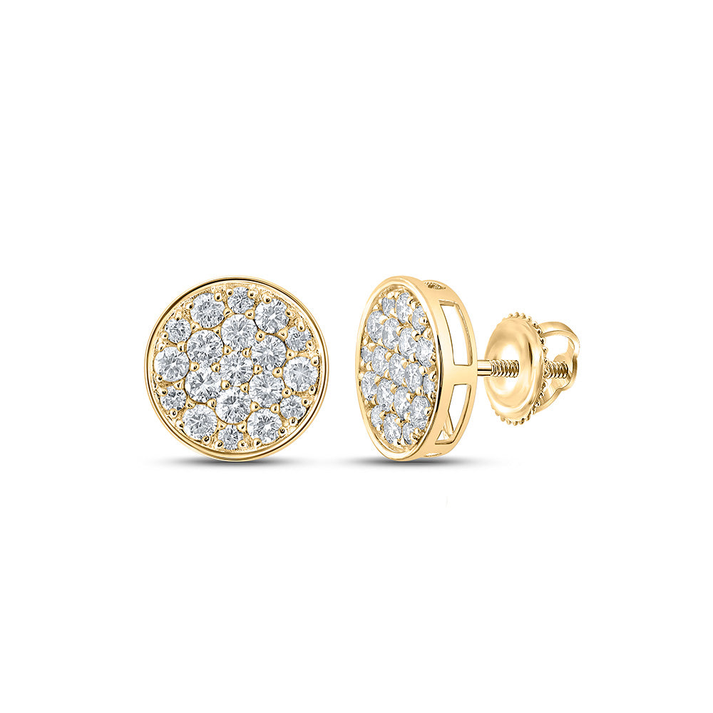 10kt Yellow Gold Mens Round Diamond Button Cluster Earrings 1 Cttw