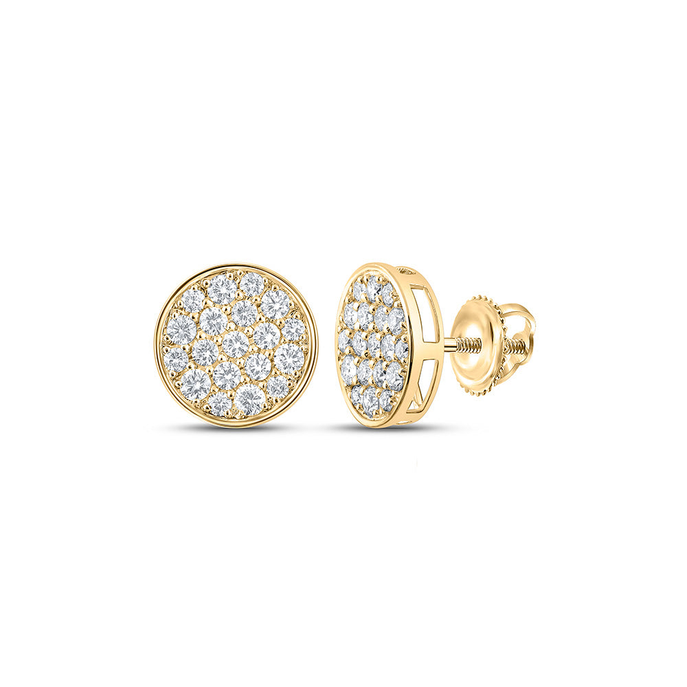 10kt Yellow Gold Mens Round Diamond Button Cluster Earrings 1 Cttw