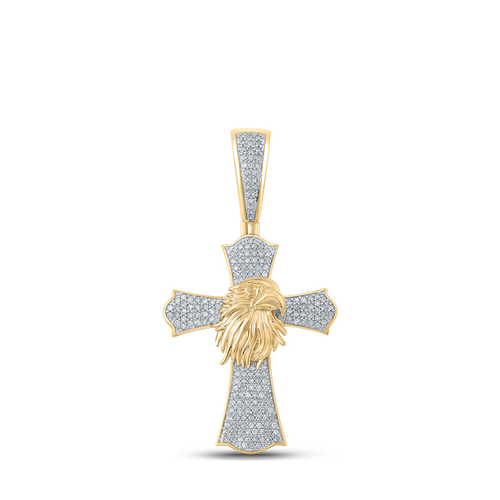 10kt Yellow Gold Mens Round Diamond Eagle Cross Charm Pendant 1/2 Cttw