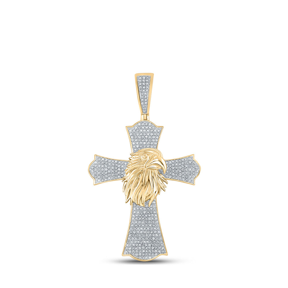 10kt Yellow Gold Mens Round Diamond Eagle Cross Charm Pendant 1 Cttw