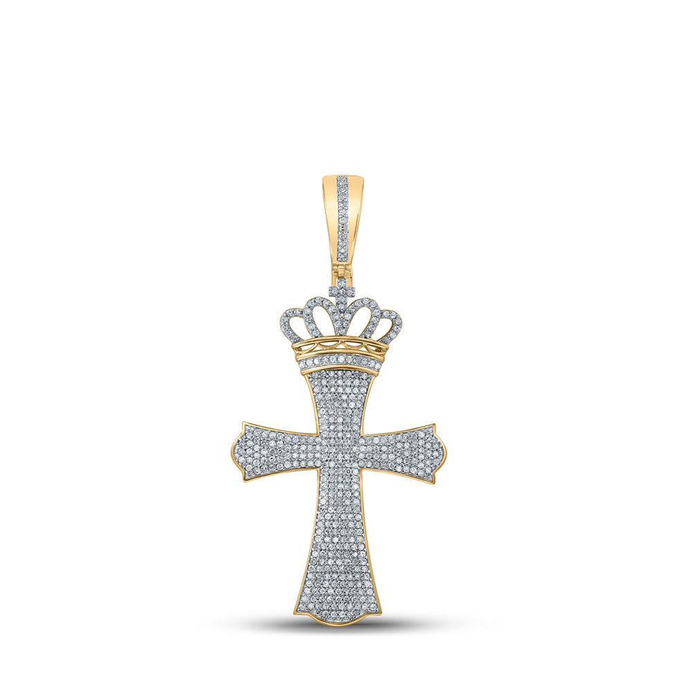 10kt Yellow Gold Mens Round Diamond Crown Cross Charm Pendant 1 Cttw