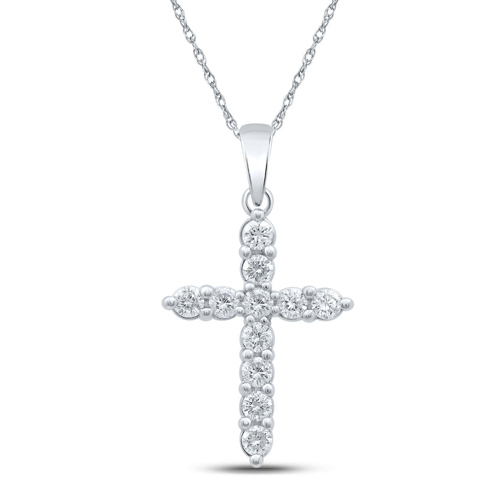 10kt White Gold Womens Round Diamond Cross Pendant 1/2 Cttw