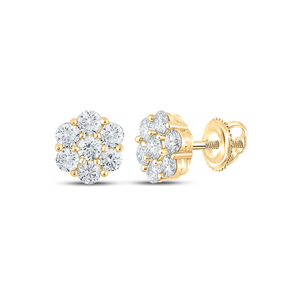 14kt Yellow Gold Mens Round Diamond Flower Cluster Earrings 1-1/2 Cttw