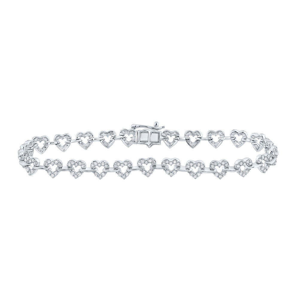 10kt White Gold Womens Round Diamond Heart Fashion Bracelet 1-3/8 Cttw