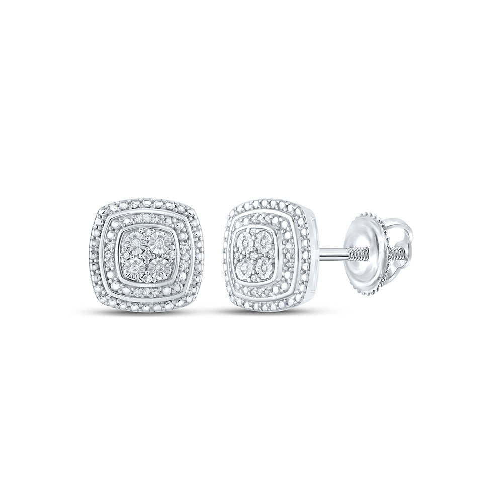 Sterling Silver Womens Round Diamond Square Earrings 1/10 Cttw