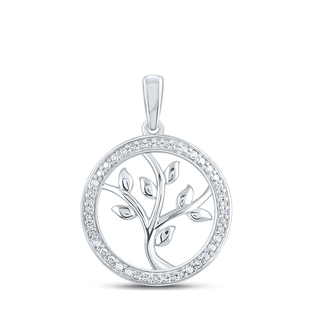 Sterling Silver Womens Round Diamond Tree of Life Circle Pendant 1/12 Cttw