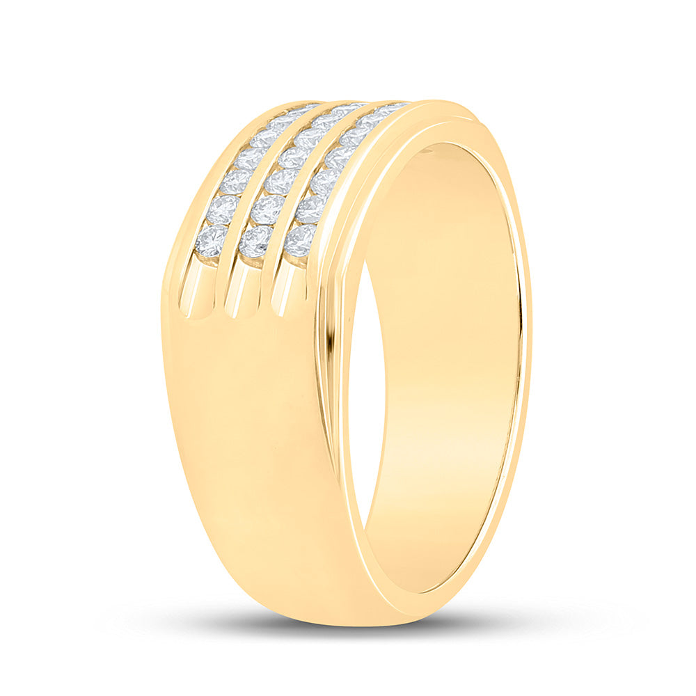 14kt Yellow Gold Mens Round Diamond Triple Row Machine-set Band Ring 1/2 Cttw