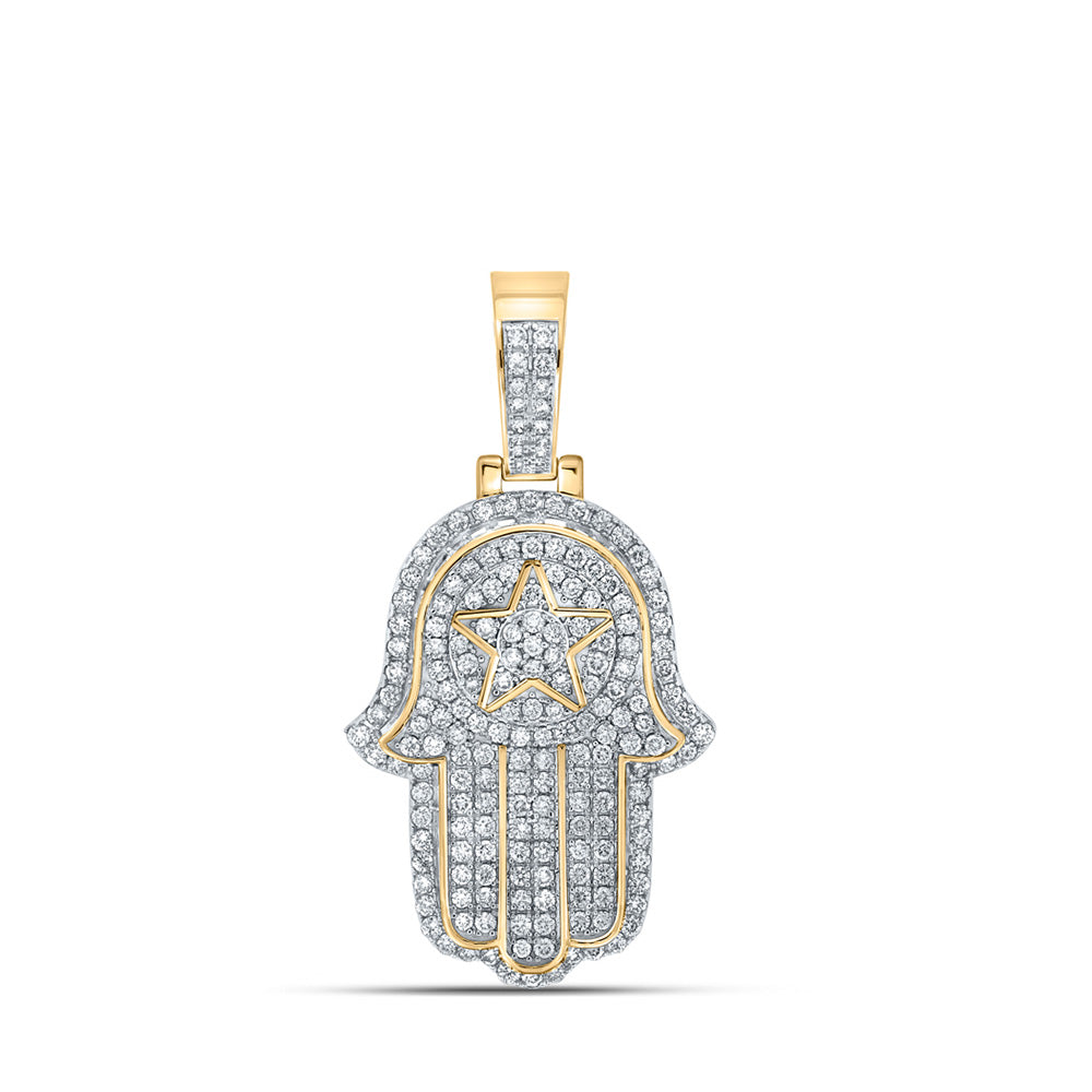 10kt Yellow Gold Mens Round Diamond Hamsa Charm Pendant 2-5/8 Cttw