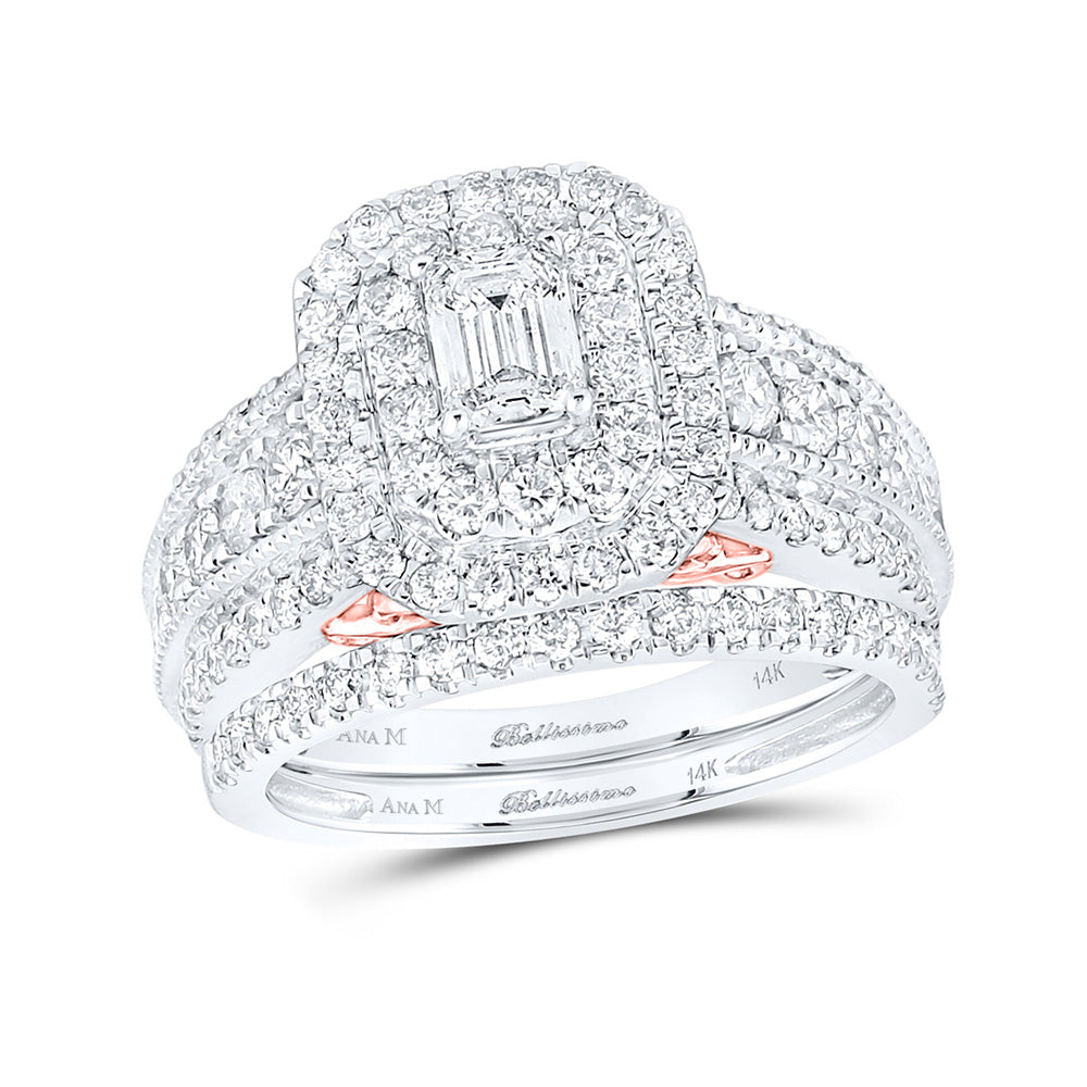14kt Two-tone Gold Emerald Diamond Halo Bridal Wedding Ring Band Set 2 Cttw