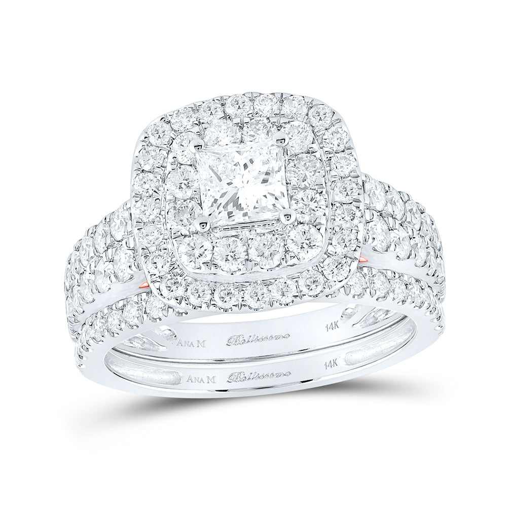 14kt Two-tone Gold Princess Diamond Halo Bridal Wedding Ring Band Set 1/2 Cttw