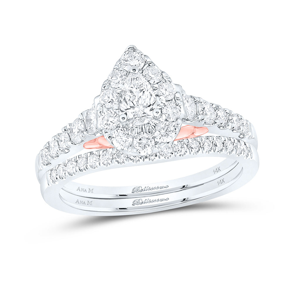 14kt Two-tone Gold Pear Diamond Bridal Wedding Ring Band Set 1 Cttw